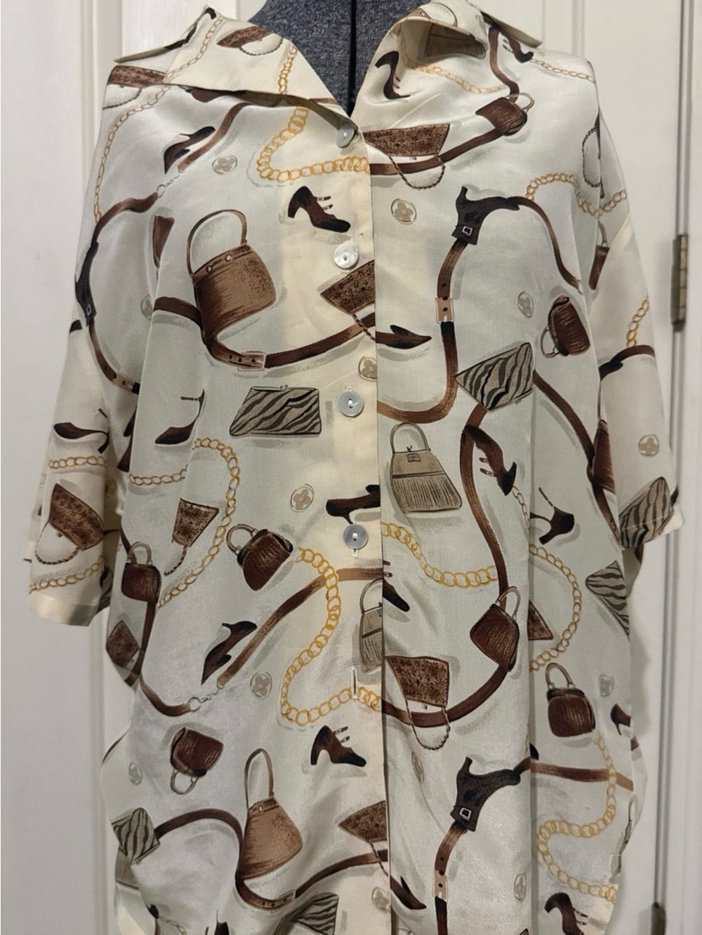 Riva Silk Ivory Button-Up Blouse with Brown & Gold Accessory Print